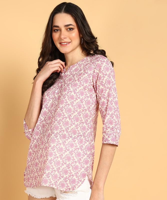 Purple - Women's Floral Printed Cotton Top - Stylish Long Top with Mandarin Collar, Perfect for Jeans, Ideal for Casual & Ethnic Wear