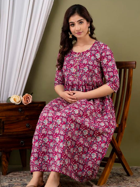 Wine - Maternity Feeding Kurti with Zipper | Cotton Floral Printed Pregnancy & Nursing Dress | Comfortable Maternity Wear for Women | Breastfeeding Kurta Set with Zip | Stylish & Soft