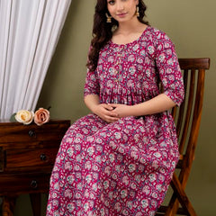 Wine - JAIPURFAME Maternity Feeding Kurti with Zipper | Cotton Floral Printed Pregnancy & Nursing Dress | Comfortable & Stylish Maternity Wear for Women | Breastfeeding Kurta with Zipper | Soft & Elegant
