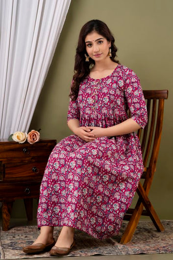 Wine - Maternity Feeding Kurti with Zipper | Cotton Floral Printed Pregnancy & Nursing Dress | Comfortable & Stylish Maternity Wear for Women | Breastfeeding Kurta with Zipper | Soft & Elegant