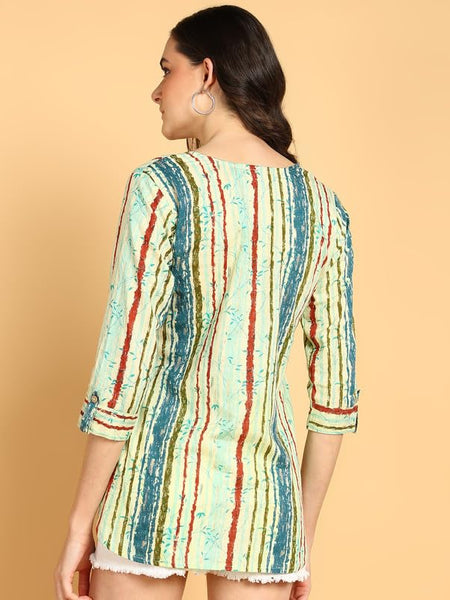 Sky Blue - Women's Floral Printed Cotton Top - Stylish Long Top with Mandarin Collar, Perfect for Jeans, Ideal for Casual & Ethnic Wear