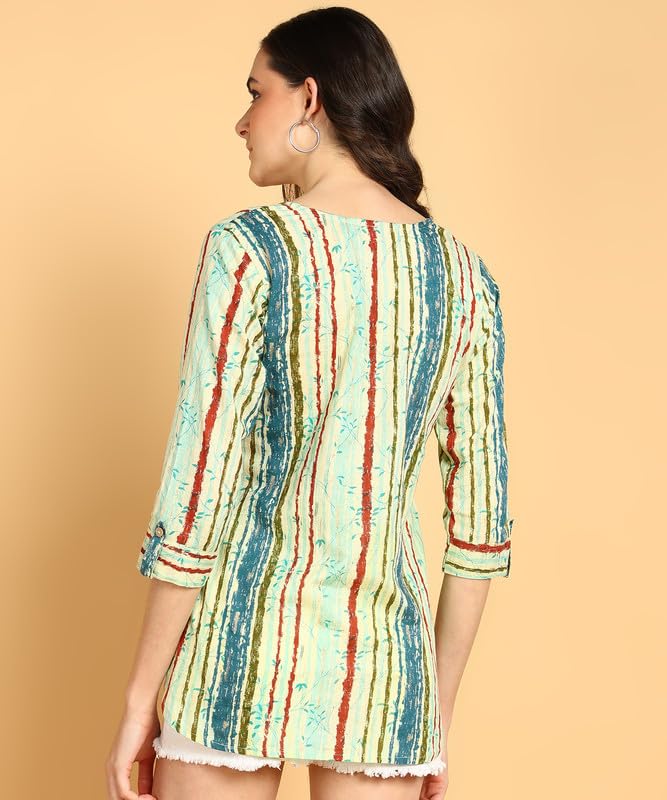 Sky Blue - Women's Floral Printed Cotton Top - Stylish Long Top with Mandarin Collar, Perfect for Jeans, Ideal for Casual & Ethnic Wear