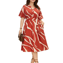 Red - One Piece Dress for Women, New American Print Rayon Midi Dress, Stylish, Modern Party Outfit, Perfect for Casual and Formal Occasions