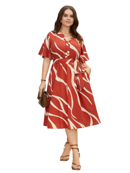 Red - One Piece Dress for Women, New American Print Rayon Midi Dress, Stylish, Modern Party Outfit, Perfect for Casual and Formal Occasions