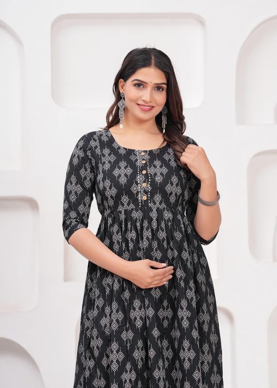 Black - JAIPURFAME Maternity Feeding Kurti with Zipper | Cotton Floral Printed Pregnancy & Nursing Dress | Comfortable & Stylish Maternity Wear for Women | Breastfeeding Kurta with Zipper | Soft & Elegant