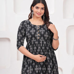 Black - Maternity Feeding Kurti with Zipper | Cotton Floral Printed Pregnancy & Nursing Dress | Comfortable & Stylish Maternity Wear for Women | Breastfeeding Kurta with Zipper | Soft & Elegant