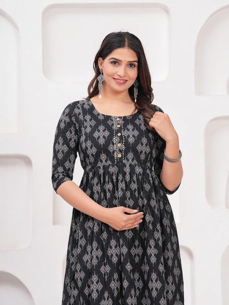 Black - Maternity Feeding Kurti with Zipper | Cotton Floral Printed Pregnancy & Nursing Dress | Comfortable & Stylish Maternity Wear for Women | Breastfeeding Kurta with Zipper | Soft & Elegant