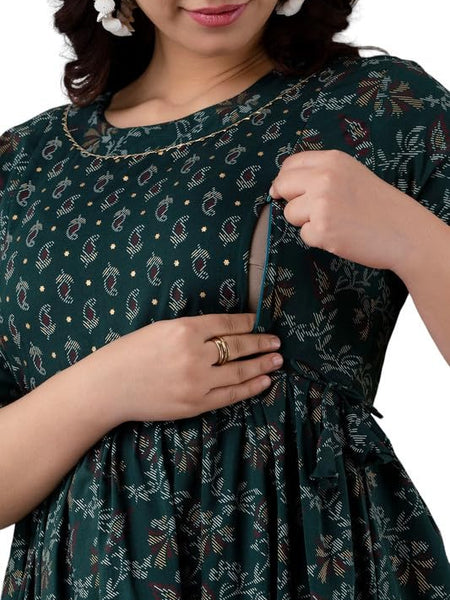 JAIPURFAME Maternity Feeding Kurti with Zipper | Cotton Floral Printed Pregnancy & Nursing Dress | Comfortable Maternity Wear for Women | Breastfeeding Kurta Set with Zip | Stylish & Soft
