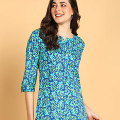 Sky Blue1 - Women's Floral Printed Cotton Top - Stylish Long Top with Mandarin Collar, Perfect for Jeans, Ideal for Casual & Ethnic Wear