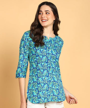 Sky Blue1 - Women's Floral Printed Cotton Top - Stylish Long Top with Mandarin Collar, Perfect for Jeans, Ideal for Casual & Ethnic Wear