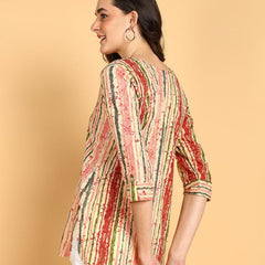 Peach Multi - Women's Floral Printed Cotton Top - Stylish Long Top with Mandarin Collar, Perfect for Jeans, Ideal for Casual & Ethnic Wear