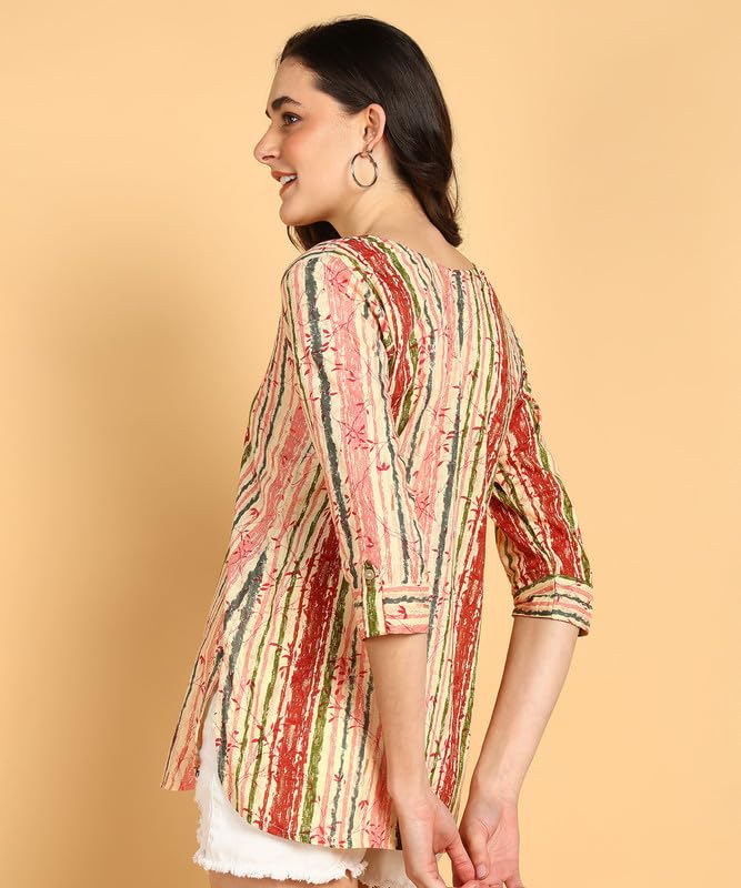 Peach Multi - Women's Floral Printed Cotton Top - Stylish Long Top with Mandarin Collar, Perfect for Jeans, Ideal for Casual & Ethnic Wear