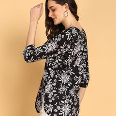 Black1 - Women's Floral Printed Cotton Top - Stylish Long Top with Mandarin Collar, Perfect for Jeans, Ideal for Casual & Ethnic Wear