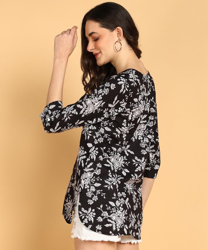 Black1 - Women's Floral Printed Cotton Top - Stylish Long Top with Mandarin Collar, Perfect for Jeans, Ideal for Casual & Ethnic Wear
