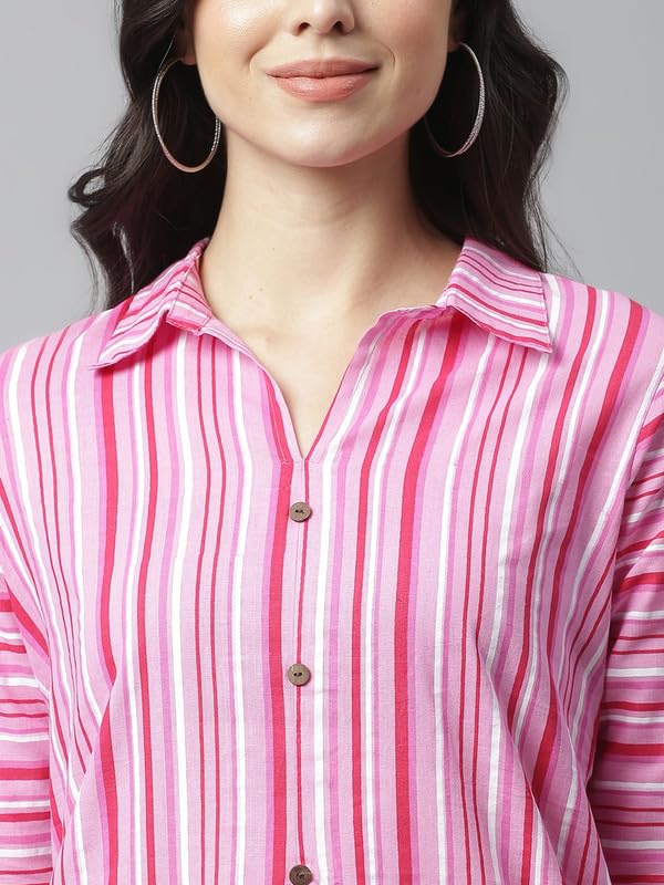 Pink - Women's Rayon Kurta | Elegant Rust Stripe Collar-Neck Kurta | Perfect Blend of Comfort & Style | Suitable for Party & Casual Wear