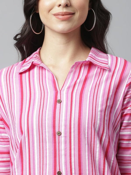 Pink - Women's Rayon Kurta | Elegant Rust Stripe Collar-Neck Kurta | Perfect Blend of Comfort & Style | Suitable for Party & Casual Wear