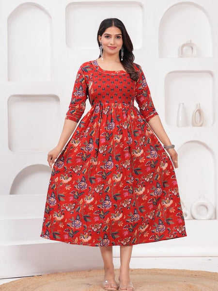 Red - Maternity Feeding Kurti with Zipper | Cotton Floral Printed Pregnancy & Nursing Dress | Comfortable & Stylish Maternity Wear for Women | Breastfeeding Kurta with Zipper | Soft & Elegant