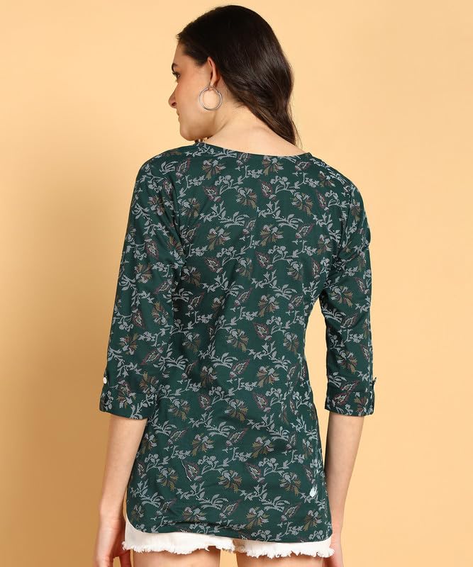 Bottle Green - Women's Floral Printed Cotton Top - Stylish Long Top with Mandarin Collar, Perfect for Jeans, Ideal for Casual & Ethnic Wear