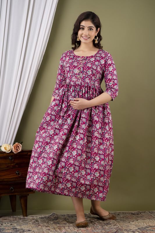 Wine - Maternity Feeding Kurti with Zipper | Cotton Floral Printed Pregnancy & Nursing Dress | Comfortable & Stylish Maternity Wear for Women | Breastfeeding Kurta with Zipper | Soft & Elegant