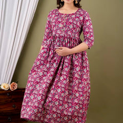 Wine - Maternity Feeding Kurti with Zipper | Cotton Floral Printed Pregnancy & Nursing Dress | Comfortable & Stylish Maternity Wear for Women | Breastfeeding Kurta with Zipper | Soft & Elegant