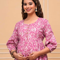 Pink Freel - Maternity Feeding Kurti with Zipper | Cotton Floral Printed Pregnancy & Nursing Dress | Comfortable Maternity Wear for Women | Breastfeeding Kurta Set with Zip | Stylish & Soft