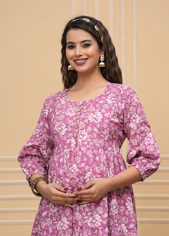 Pink Freel - JAIPURFAME Maternity Feeding Kurti with Zipper | Cotton Floral Printed Pregnancy & Nursing Dress | Comfortable & Stylish Maternity Wear for Women | Breastfeeding Kurta with Zipper | Soft & Elegant