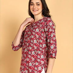 Wain - Women's Floral Printed Cotton Top - Stylish Long Top with Mandarin Collar, Perfect for Jeans, Ideal for Casual & Ethnic Wear
