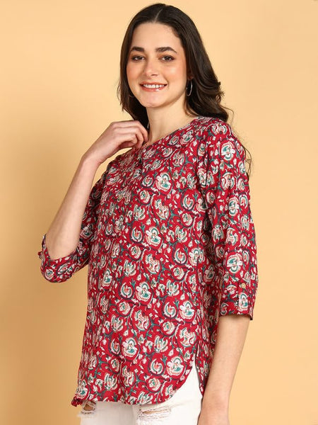 Wain - Women's Floral Printed Cotton Top - Stylish Long Top with Mandarin Collar, Perfect for Jeans, Ideal for Casual & Ethnic Wear