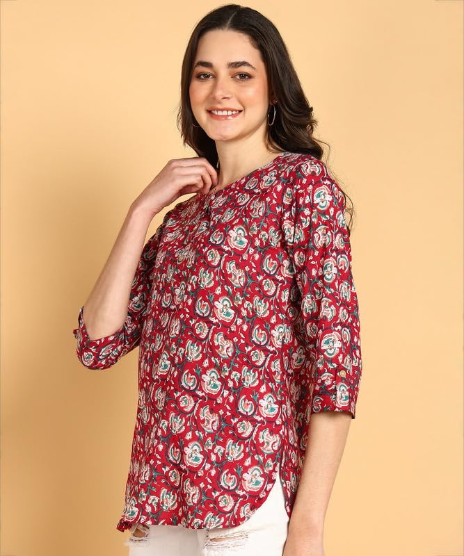 Wain - Women's Floral Printed Cotton Top - Stylish Long Top with Mandarin Collar, Perfect for Jeans, Ideal for Casual & Ethnic Wear