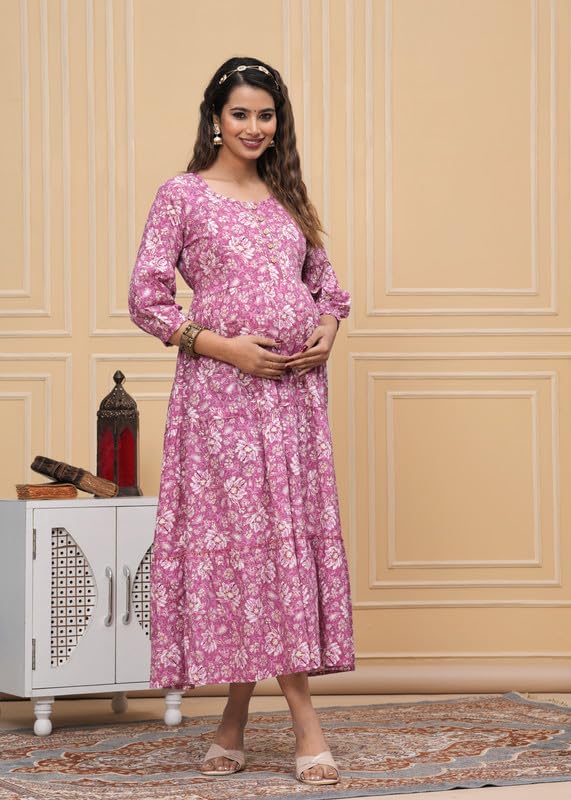 Pink Freel - Maternity Feeding Kurti with Zipper | Cotton Floral Printed Pregnancy & Nursing Dress | Comfortable Maternity Wear for Women | Breastfeeding Kurta Set with Zip | Stylish & Soft