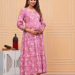 Pink Freel - Maternity Feeding Kurti with Zipper | Cotton Floral Printed Pregnancy & Nursing Dress | Comfortable & Stylish Maternity Wear for Women | Breastfeeding Kurta with Zipper | Soft & Elegant