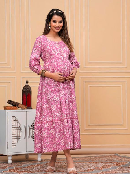 Pink Freel - Maternity Feeding Kurti with Zipper | Cotton Floral Printed Pregnancy & Nursing Dress | Comfortable & Stylish Maternity Wear for Women | Breastfeeding Kurta with Zipper | Soft & Elegant