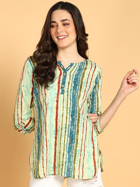 Sky Blue - Women's Floral Printed Cotton Top - Stylish Long Top with Mandarin Collar, Perfect for Jeans, Ideal for Casual & Ethnic Wear