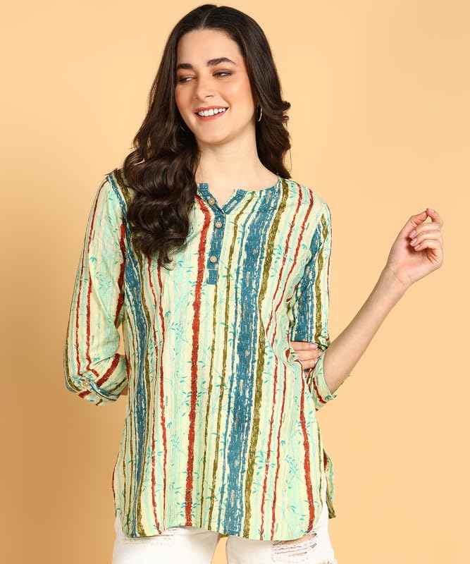 Sky Blue - Women's Floral Printed Cotton Top - Stylish Long Top with Mandarin Collar, Perfect for Jeans, Ideal for Casual & Ethnic Wear