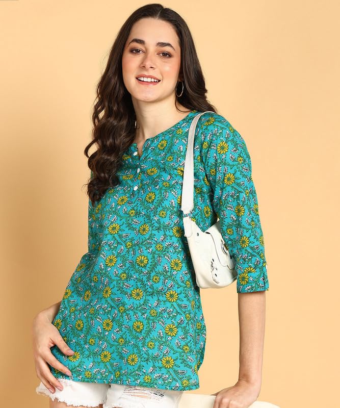 Green - Women's Floral Printed Cotton Top - Stylish Long Top with Mandarin Collar, Perfect for Jeans, Ideal for Casual & Ethnic Wear