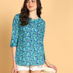 Sky Blue1 - Women's Floral Printed Cotton Top - Stylish Long Top with Mandarin Collar, Perfect for Jeans, Ideal for Casual & Ethnic Wear