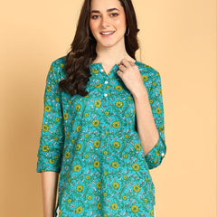 Green - Women's Floral Printed Cotton Top - Stylish Long Top with Mandarin Collar, Perfect for Jeans, Ideal for Casual & Ethnic Wear