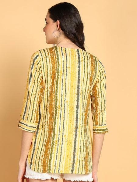 Yellow Multi - Women's Floral Printed Cotton Top - Stylish Long Top with Mandarin Collar, Perfect for Jeans, Ideal for Casual & Ethnic Wear