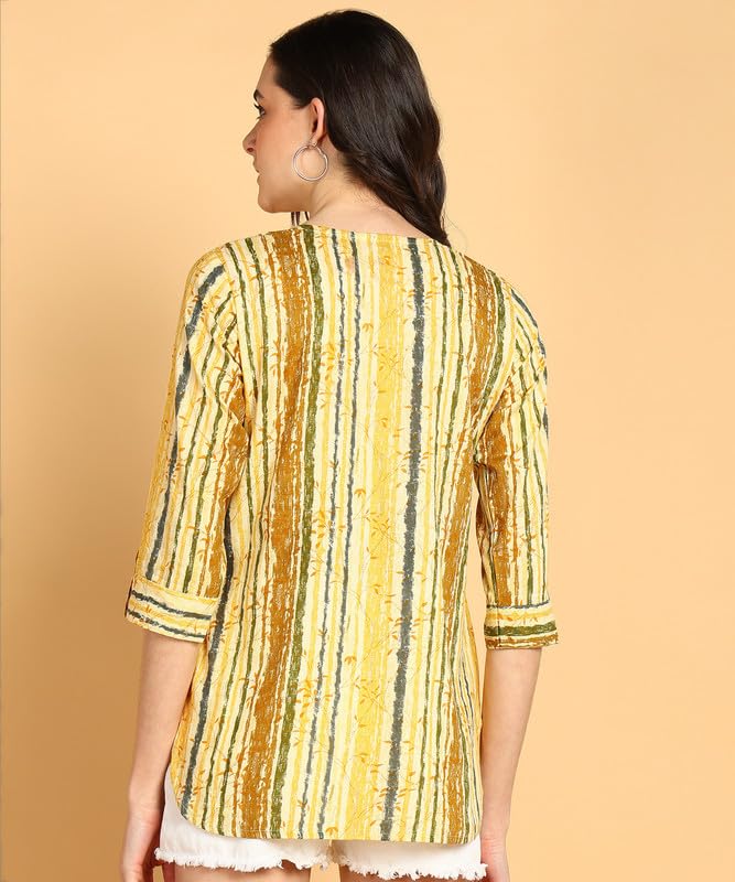 Yellow Multi - Women's Floral Printed Cotton Top - Stylish Long Top with Mandarin Collar, Perfect for Jeans, Ideal for Casual & Ethnic Wear