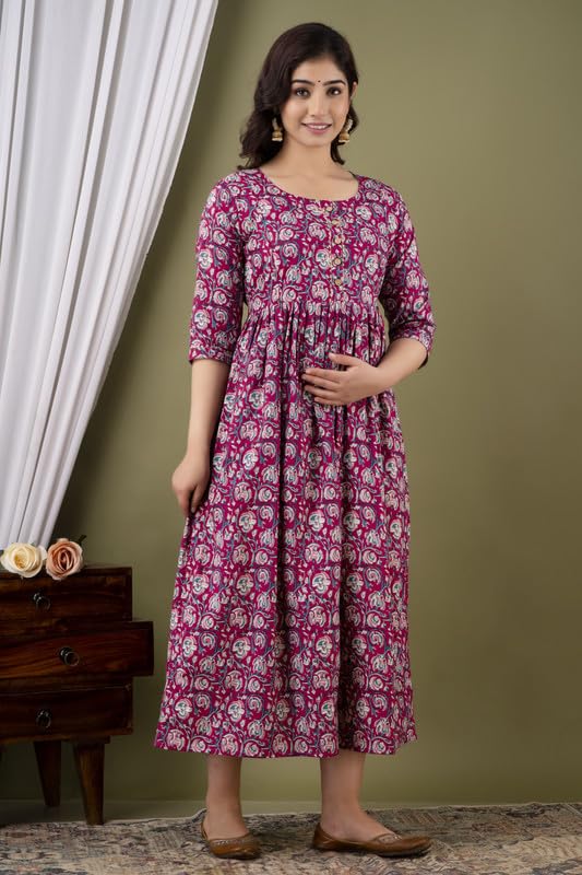 Wine - Maternity Feeding Kurti with Zipper | Cotton Floral Printed Pregnancy & Nursing Dress | Comfortable Maternity Wear for Women | Breastfeeding Kurta Set with Zip | Stylish & Soft