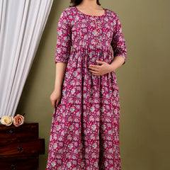 Wine - JAIPURFAME Maternity Feeding Kurti with Zipper | Cotton Floral Printed Pregnancy & Nursing Dress | Comfortable & Stylish Maternity Wear for Women | Breastfeeding Kurta with Zipper | Soft & Elegant