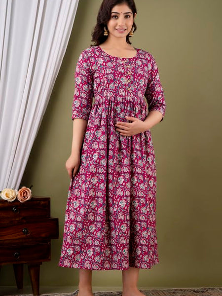 Wine - JAIPURFAME Maternity Feeding Kurti with Zipper | Cotton Floral Printed Pregnancy & Nursing Dress | Comfortable & Stylish Maternity Wear for Women | Breastfeeding Kurta with Zipper | Soft & Elegant