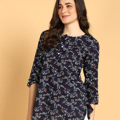 Dark Blue - Women's Floral Printed Cotton Top - Stylish Long Top with Mandarin Collar, Perfect for Jeans, Ideal for Casual & Ethnic Wear