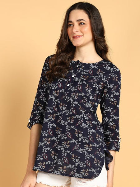 Dark Blue - Women's Floral Printed Cotton Top - Stylish Long Top with Mandarin Collar, Perfect for Jeans, Ideal for Casual & Ethnic Wear