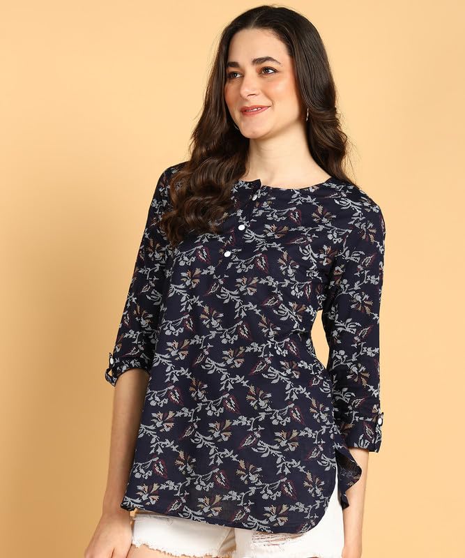 Dark Blue - Women's Floral Printed Cotton Top - Stylish Long Top with Mandarin Collar, Perfect for Jeans, Ideal for Casual & Ethnic Wear