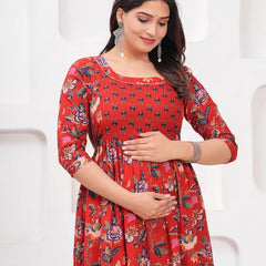 Red - Maternity Feeding Kurti with Zipper | Cotton Floral Printed Pregnancy & Nursing Dress | Comfortable & Stylish Maternity Wear for Women | Breastfeeding Kurta with Zipper | Soft & Elegant