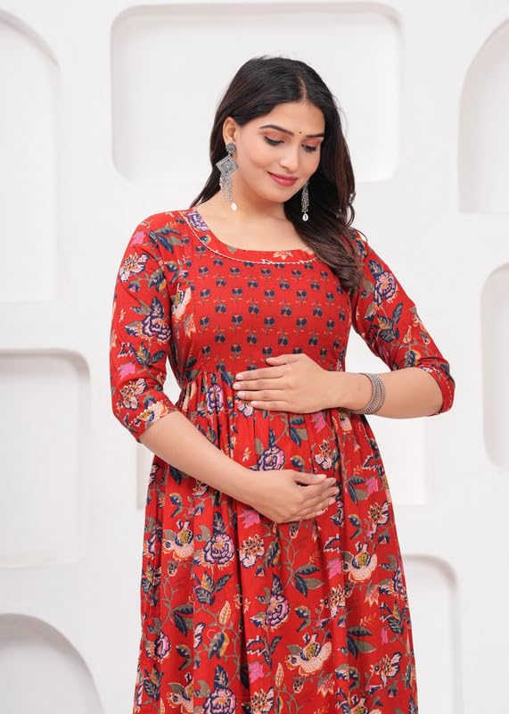 Red - JAIPURFAME Maternity Feeding Kurti with Zipper | Cotton Floral Printed Pregnancy & Nursing Dress | Comfortable & Stylish Maternity Wear for Women | Breastfeeding Kurta with Zipper | Soft & Elegant
