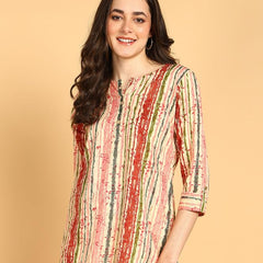 Peach Multi - Women's Floral Printed Cotton Top - Stylish Long Top with Mandarin Collar, Perfect for Jeans, Ideal for Casual & Ethnic Wear