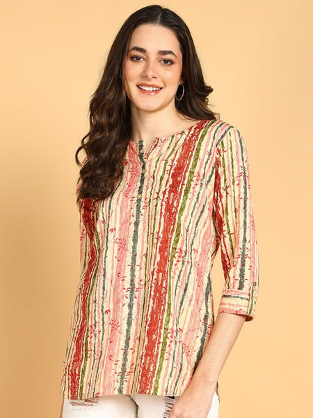 Peach Multi - Women's Floral Printed Cotton Top - Stylish Long Top with Mandarin Collar, Perfect for Jeans, Ideal for Casual & Ethnic Wear