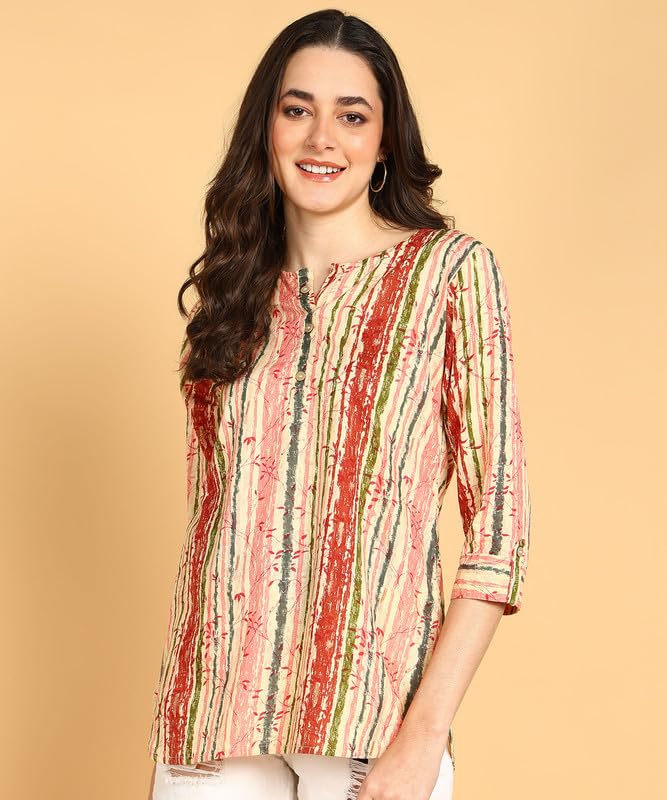 Peach Multi - Women's Floral Printed Cotton Top - Stylish Long Top with Mandarin Collar, Perfect for Jeans, Ideal for Casual & Ethnic Wear